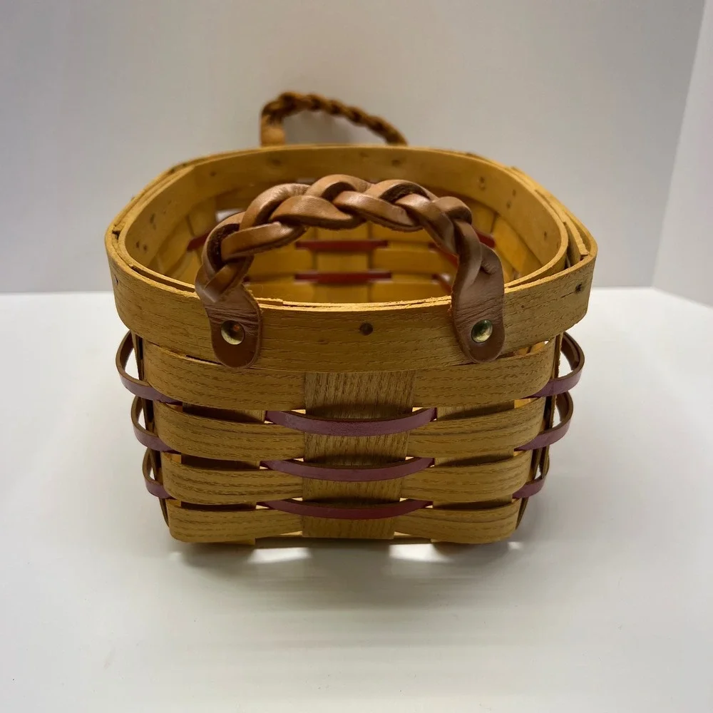 Peterboro Basket Co VTG Yuletide Berry Woven Wood Basket Leather Handle USA Made
